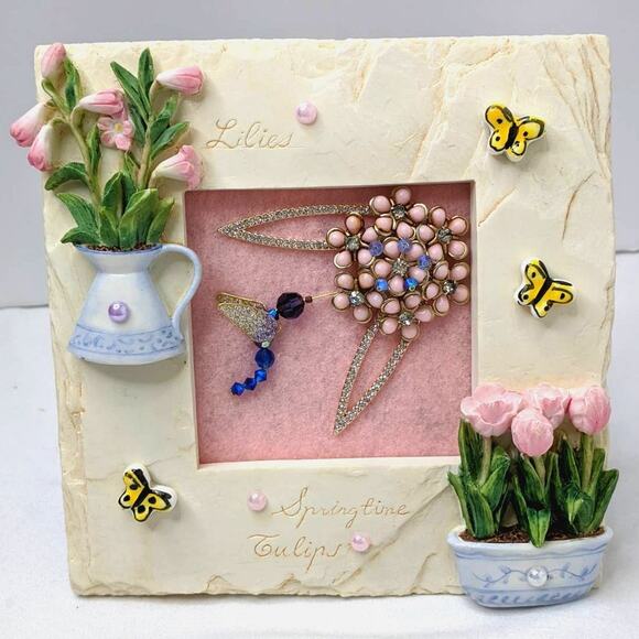 Artisan Hummingbird Jewelry Art Garden Nature Frame Vintage Beaded Crystals 3D - Picture 1 of 13